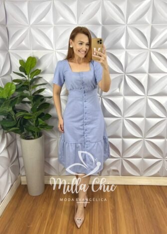 Chemise LInho Com Botões Mídi Evase Com Babado Na Barra Lavinia - Azul - Milla Chic