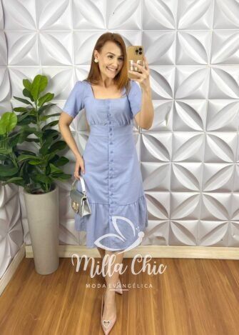 Chemise LInho Com Botões Mídi Evase Com Babado Na Barra Lavinia - Azul - Milla Chic