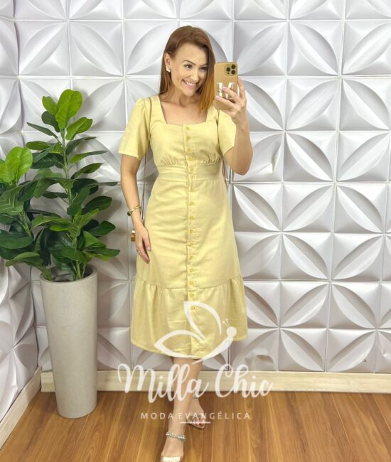 Chemise LInho Com Botões Mídi Evase Com Babado Na Barra Lavinia - Cru - Milla Chic