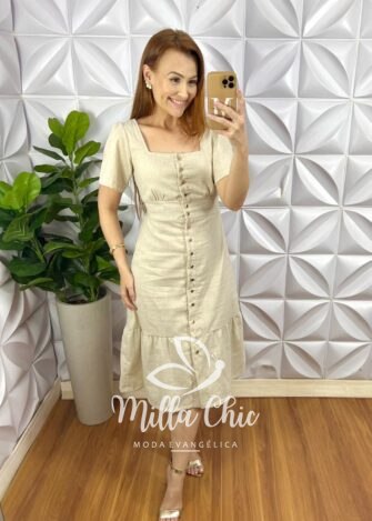 Chemise LInho Com Botões Mídi Evase Com Babado Na Barra Lavinia - Cru - Milla Chic