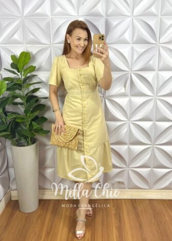 Chemise LInho Com Botões Mídi Evase Com Babado Na Barra Lavinia - Cru - Milla Chic