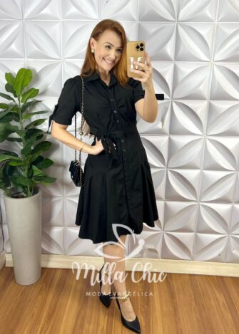 Chemise Tricoline Curto Caimento Pizza Com Camisolinha Cinto Faixa Caroline - Preto - Milla Chic