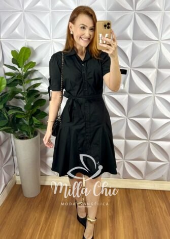 Chemise Tricoline Curto Caimento Pizza Com Camisolinha Cinto Faixa Caroline - Preto - Milla Chic