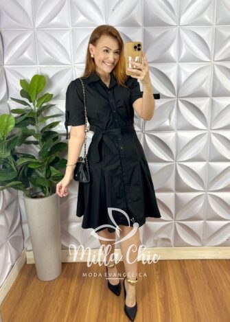 Chemise Tricoline Curto Caimento Pizza Com Camisolinha Cinto Faixa Caroline - Preto - Milla Chic