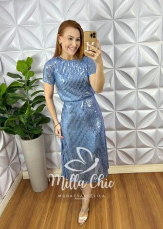 Conjunto De Paetê Blusa Com Forro Avulso e Saia Mídi Evase Thais - Azul - Milla Chic