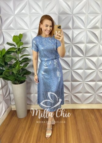 Conjunto De Paetê Blusa Com Forro Avulso e Saia Mídi Evase Thais - Azul - Milla Chic