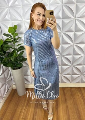 Conjunto De Paetê Blusa Com Forro Avulso e Saia Mídi Evase Thais - Azul - Milla Chic