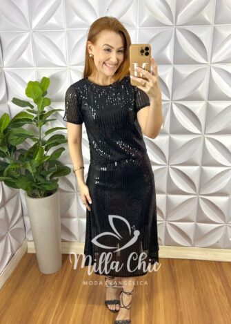 Conjunto De Paetê Blusa Com Forro Avulso e Saia Mídi Evase Thais - Preto - Milla Chic