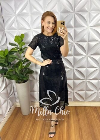 Conjunto De Paetê Blusa Com Forro Avulso e Saia Mídi Evase Thais - Preto - Milla Chic
