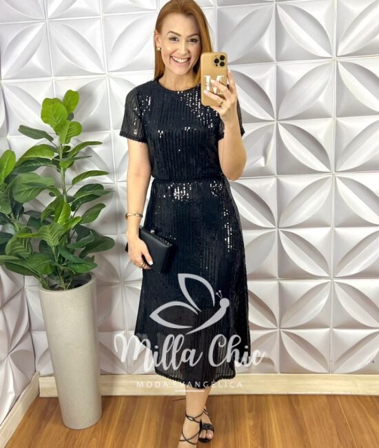 Conjunto De Paetê Blusa Com Forro Avulso e Saia Mídi Evase Thais - Preto - Milla Chic