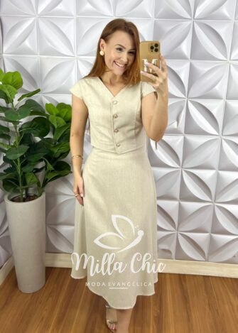 Conjunto Linho Colete Com Botões Dourados e Saia Mídi Godê Thais - Areia - Milla Chic