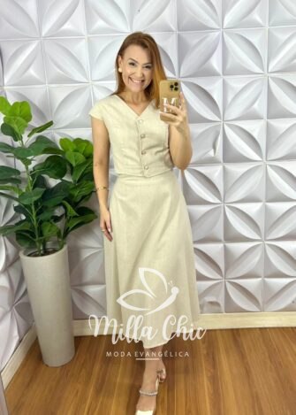 Conjunto Linho Colete Com Botões Dourados e Saia Mídi Godê Thais - Areia - Milla Chic