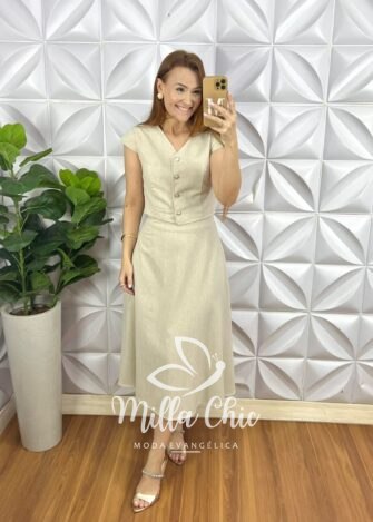 Conjunto Linho Colete Com Botões Dourados e Saia Mídi Godê Thais - Areia - Milla Chic