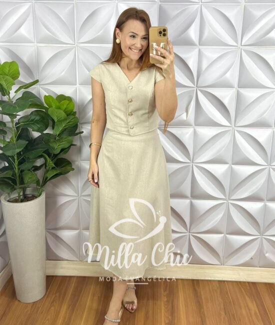 Conjunto Linho Colete Com Botões Dourados e Saia Mídi Godê Thais - Areia - Milla Chic