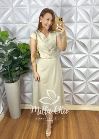Conjunto Linho Colete Com Botões Dourados e Saia Mídi Godê Thais - Areia - Milla Chic
