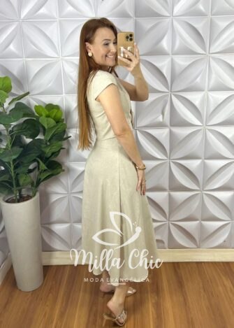 Conjunto Linho Colete Com Botões Dourados e Saia Mídi Godê Thais - Areia - Milla Chic