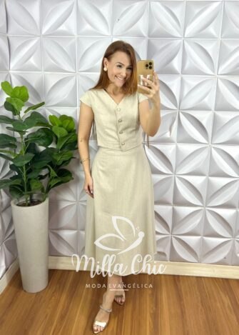 Conjunto Linho Colete Com Botões Dourados e Saia Mídi Godê Thais - Areia - Milla Chic
