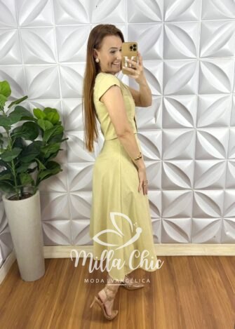 Conjunto Linho Colete Com Botões Dourados e Saia Mídi Godê Thais - Manteiga - Milla Chic