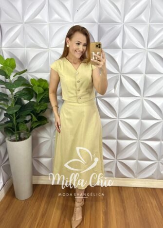 Conjunto Linho Colete Com Botões Dourados e Saia Mídi Godê Thais - Manteiga - Milla Chic