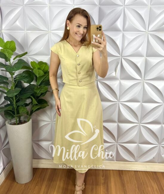 Conjunto Linho Colete Com Botões Dourados e Saia Mídi Godê Thais - Manteiga - Milla Chic