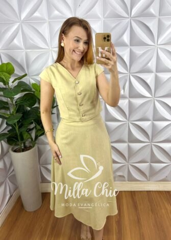 Conjunto Linho Colete Com Botões Dourados e Saia Mídi Godê Thais - Manteiga - Milla Chic