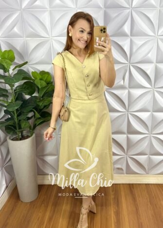 Conjunto Linho Colete Com Botões Dourados e Saia Mídi Godê Thais - Manteiga - Milla Chic