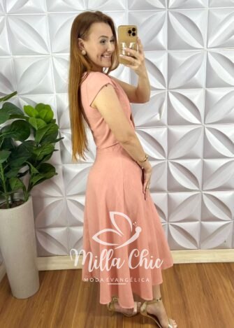 Conjunto Linho Colete Com Botões Dourados e Saia Mídi Godê Thais - Salmão - Milla Chic