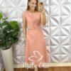 Conjunto Linho Colete Com Botões Dourados e Saia Mídi Godê Thais - Salmão - Milla Chic