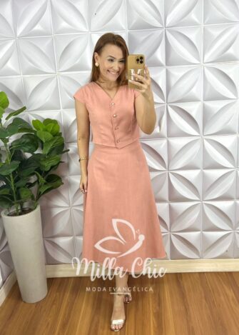 Conjunto Linho Colete Com Botões Dourados e Saia Mídi Godê Thais - Salmão - Milla Chic