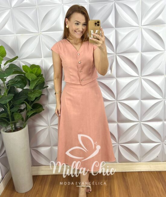 Conjunto Linho Colete Com Botões Dourados e Saia Mídi Godê Thais - Salmão - Milla Chic