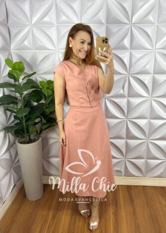 Conjunto Linho Colete Com Botões Dourados e Saia Mídi Godê Thais - Salmão - Milla Chic