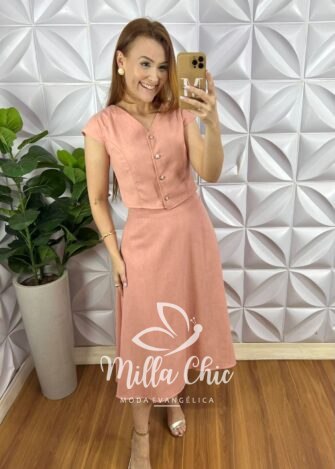 Conjunto Linho Colete Com Botões Dourados e Saia Mídi Godê Thais - Salmão - Milla Chic