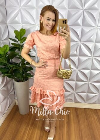 Conjunto Tecido Rayon Bordado Manga Princesa Saia Mídi Tubinho Paloma - Salmão - Milla Chic