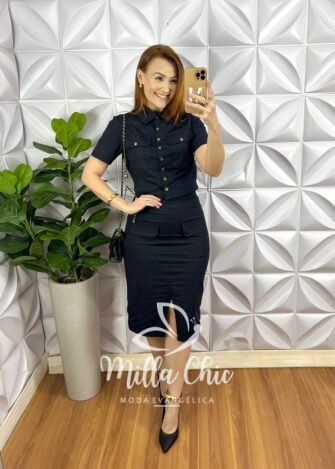 Conjunto Tricoline 100% Algodão Blusa Casaquinho Com Bolsos Saia Mídi Tubinho Luiza - Preto - Milla Chic