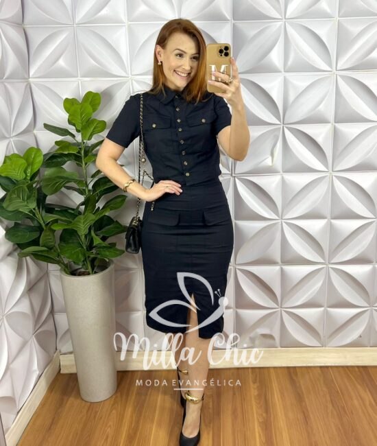 Conjunto Tricoline 100% Algodão Blusa Casaquinho Com Bolsos Saia Mídi Tubinho Luiza - Preto - Milla Chic