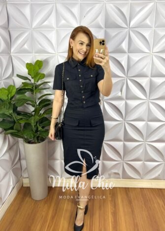 Conjunto Tricoline 100% Algodão Blusa Casaquinho Com Bolsos Saia Mídi Tubinho Luiza - Preto - Milla Chic