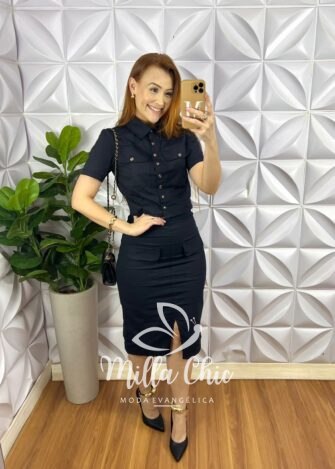 Conjunto Tricoline 100% Algodão Blusa Casaquinho Com Bolsos Saia Mídi Tubinho Luiza - Preto - Milla Chic