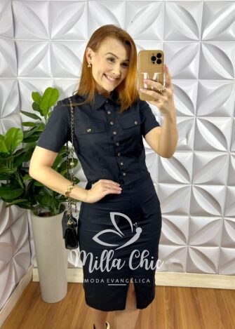 Conjunto Tricoline 100% Algodão Blusa Casaquinho Com Bolsos Saia Mídi Tubinho Luiza - Preto - Milla Chic