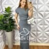 Conjunto Tricot Modal Blusa Manga Muscle Saia Super Mídi Barrado Babadinho Gislaine - Cinza - Milla Chic