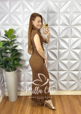 Conjunto Tricot Modal Blusa Manga Muscle Saia Super Mídi Barrado Babadinho Gislaine - Marrom - Milla Chic