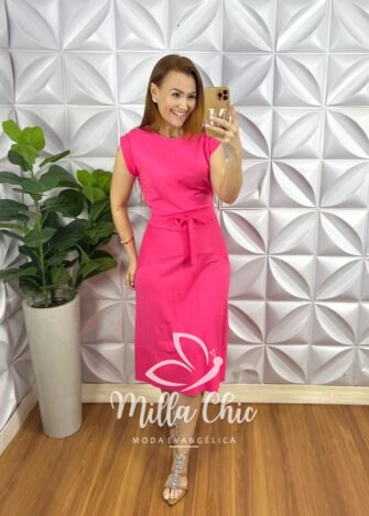Conjunto Viscolycra Blusa Manga Muscle Saia Mídi Reta Com lastex Na Cintura Janaina - Rosa - Milla Chic