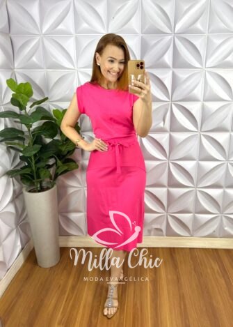 Conjunto Viscolycra Blusa Manga Muscle Saia Mídi Reta Com lastex Na Cintura Janaina - Rosa - Milla Chic