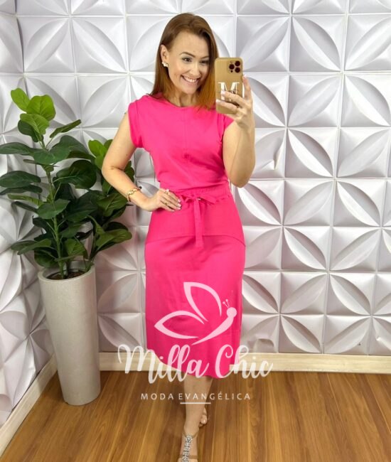 Conjunto Viscolycra Blusa Manga Muscle Saia Mídi Reta Com lastex Na Cintura Janaina - Rosa - Milla Chic