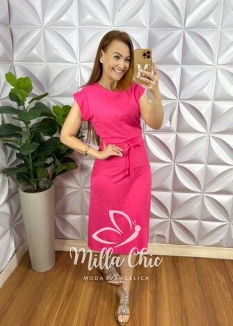 Conjunto Viscolycra Blusa Manga Muscle Saia Mídi Reta Com lastex Na Cintura Janaina - Rosa - Milla Chic