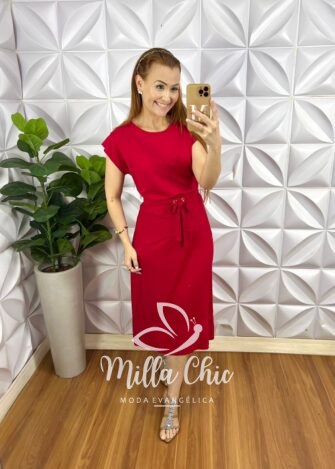 Conjunto Moletinho  Blusa Manga Muscle Saia Mídi Reta Com lastex Na Cintura Janaina - Vermelho - Milla Chic