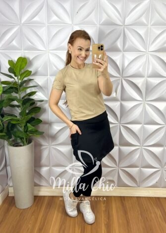 Legging Saia Newprene Com Bolsos Laterais Simone - Preta - Milla Chic