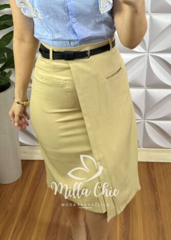 Saia Alfaiataria Envelope Ziper Nas Costas Acompanha Cinto Hellen - Preta - Milla Chic