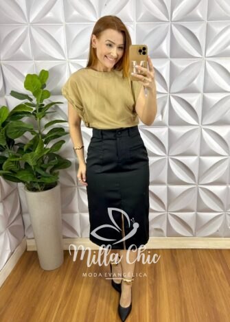 Saia Alfaiataria Mídi Reta Com Bolsos e Fenda Frontal Celina - Preta - Milla Chic