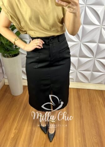 Milla Chic - millachic com br saia alfaiataria midi reta com bolsos e fenda frontal celina preta 3 Saia Alfaiataria Mídi Reta Com Bolsos e Fenda Frontal Celina - Preta - Milla Chic