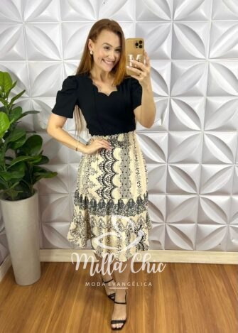 Saia Dunna Com Lastex Na Cintura Três Marias Amara - Creme e Preto (Estampada) - Milla Chic